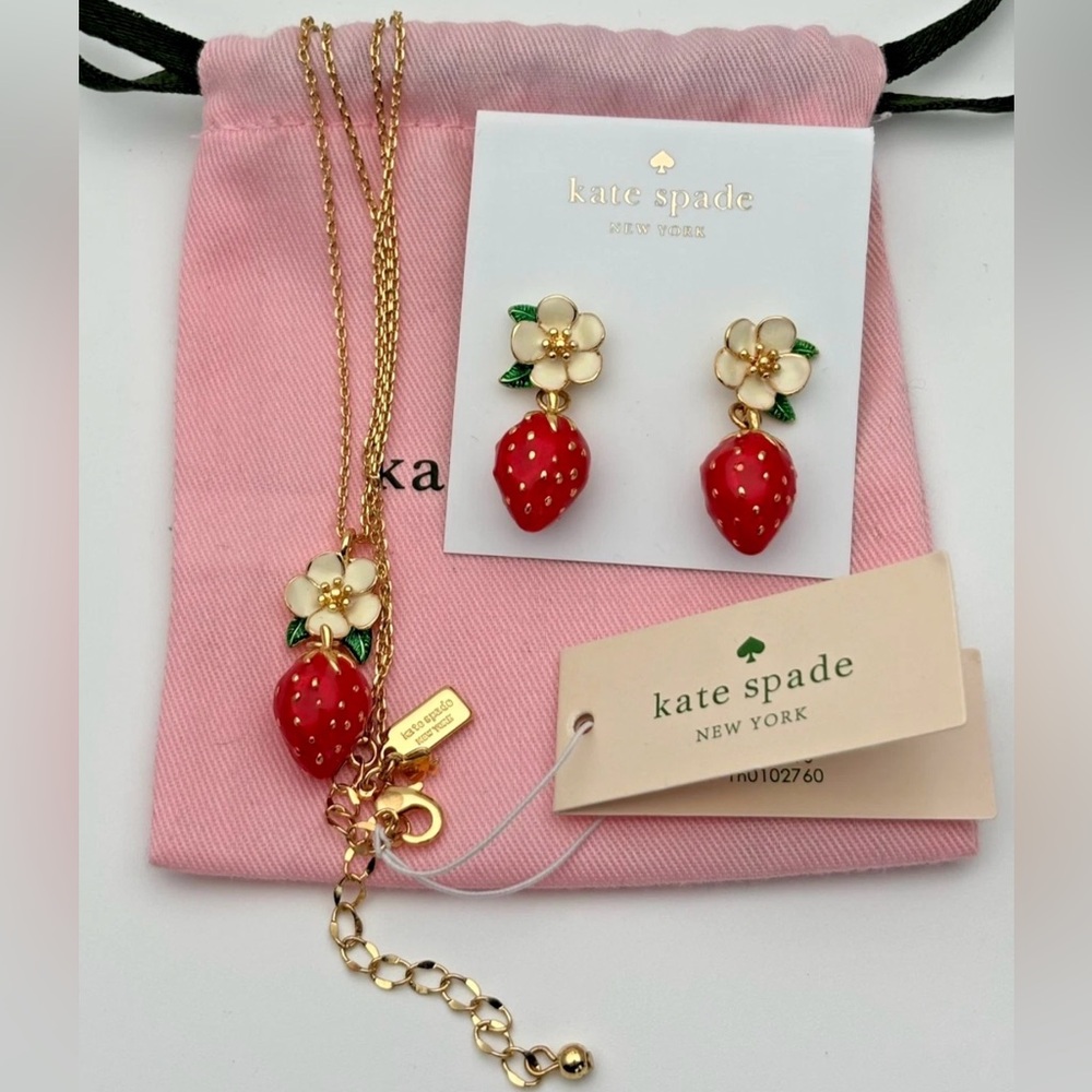 Kate Spade Picnic Perfect Strawberry Drop Necklace and Stud Earrings Set.